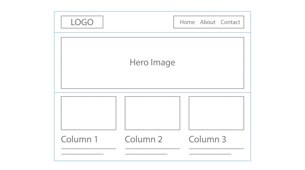 Professional website wireframe blueprint showing logo, navigation menu, hero image placeholder, and three content columns.