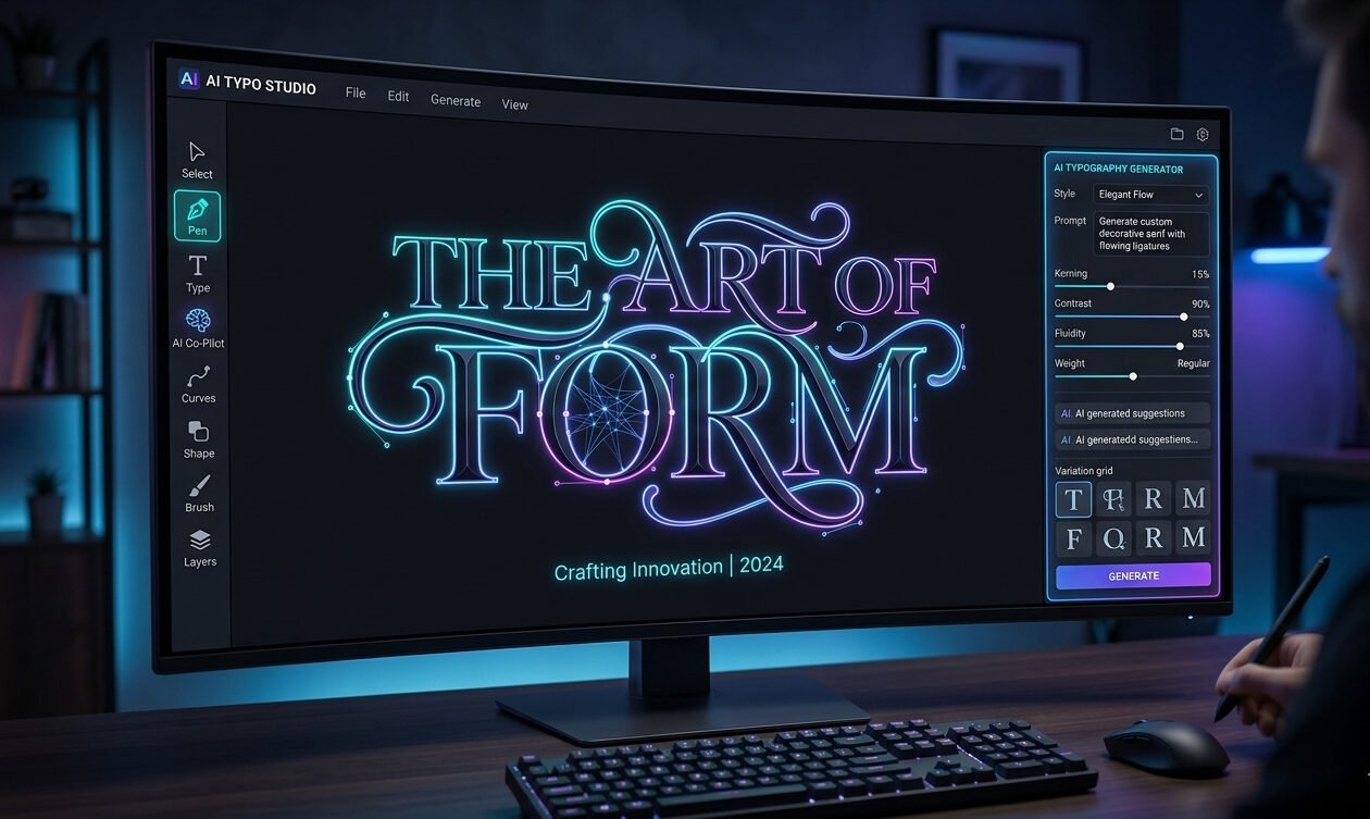 A professional designer working on a high-end curved monitor displaying an AI-powered typography design tool, featuring neon-style artistic text, advanced AI generation settings, and a modern, dark-themed studio workspace.