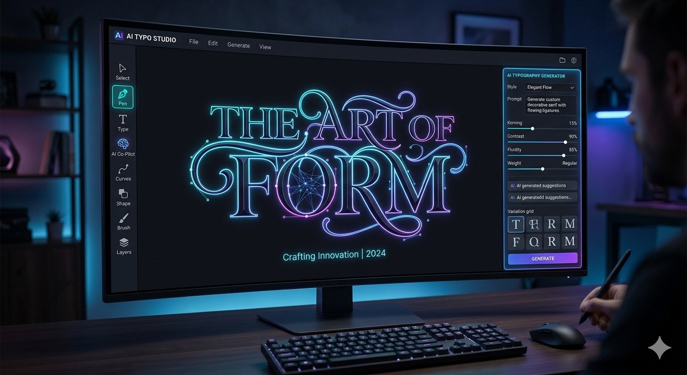 A professional designer working on a high-end curved monitor displaying an AI-powered typography design tool, featuring neon-style artistic text, advanced AI generation settings, and a modern, dark-themed studio workspace.