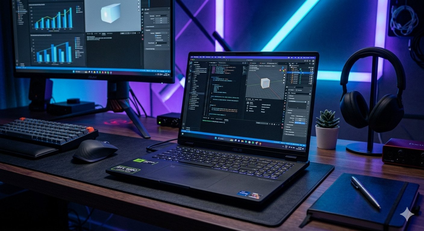 A high-performance workstation setup featuring a professional Asus laptop with an RTX graphics card sticker, displaying coding and 3D modeling software. The desk is set in a dark environment with vibrant blue and purple neon lighting, including a secondary monitor, mechanical keyboard, wireless mouse, and studio headphones, creating a modern, high-tech development atmosphere.