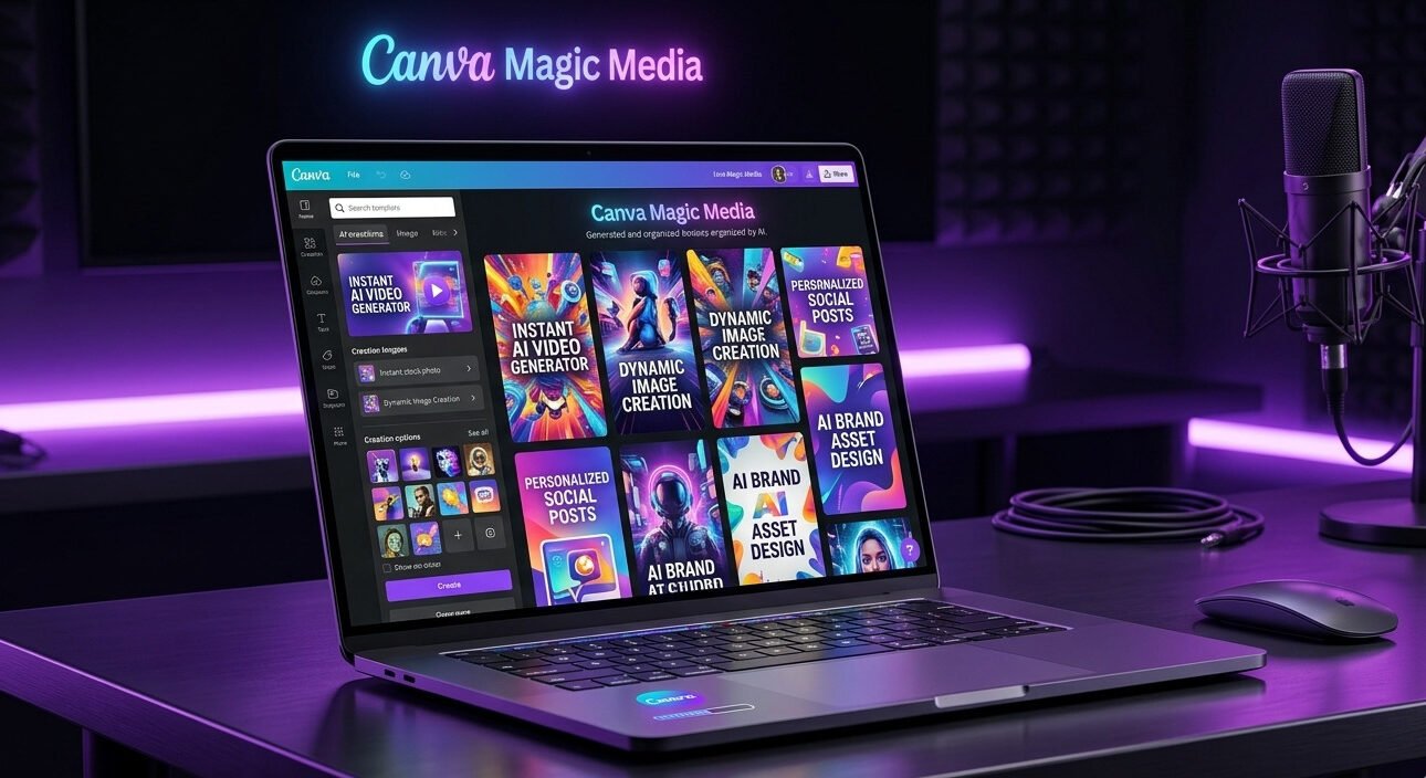 A professional, dark-themed tech workspace featuring a laptop displaying the Canva Magic Media AI tool dashboard, with colorful templates and vibrant graphics on the screen, highlighted by neon purple ambient lighting in a studio setting.