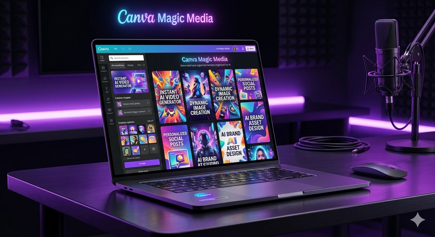 A professional, dark-themed tech workspace featuring a laptop displaying the Canva Magic Media AI tool dashboard, with colorful templates and vibrant graphics on the screen, highlighted by neon purple ambient lighting in a studio setting.