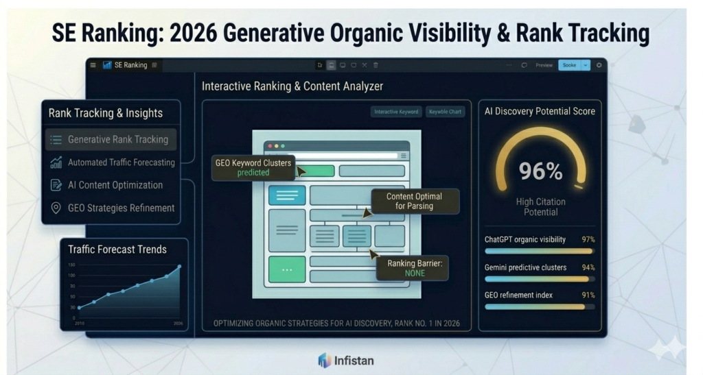 SE Ranking organic visibility dashboard for Infistan, featuring automated traffic forecasting, predictive GEO keyword clusters, and rank tracking for AI models like ChatGPT and Gemini in 2026.