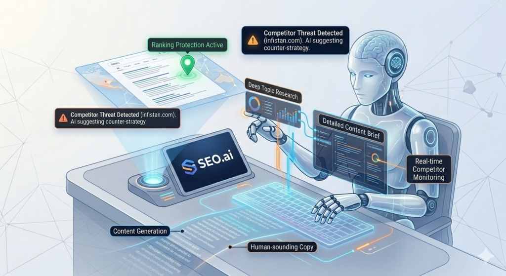Autonomous AI agent from SEO.ai researching topics and writing human-like content briefs for infistan.com while monitoring real-time competitor threats.