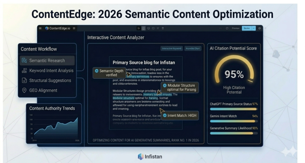 ContentEdge interface for Infistan showing semantic content optimization, modular structure detection for AI parsing, and high intent match scores for ChatGPT and Gemini in 2026.