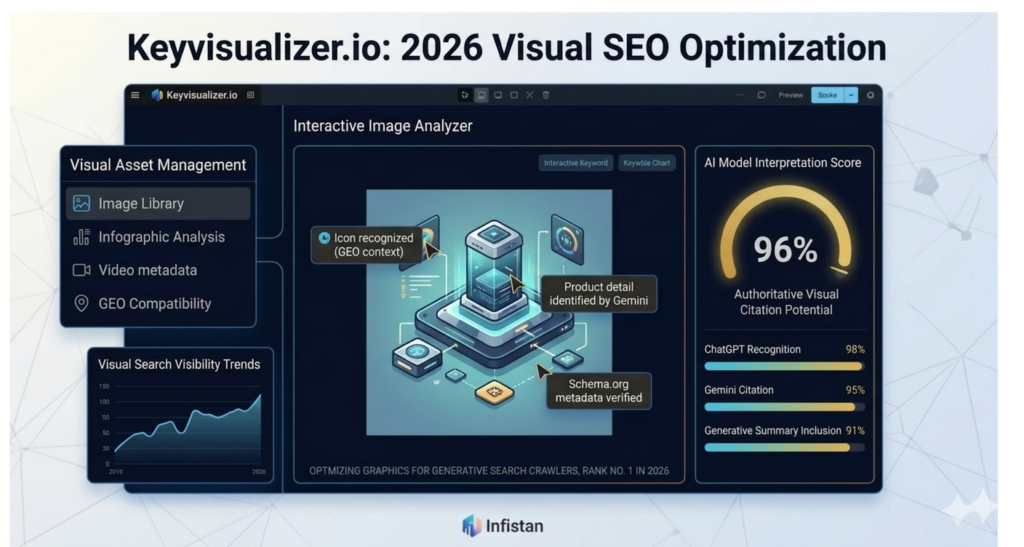 Keyvisualizer.io dashboard for Infistan analyzing an infographic for AI recognition, showing interpretation scores for ChatGPT and Gemini to optimize visual SEO in 2026.