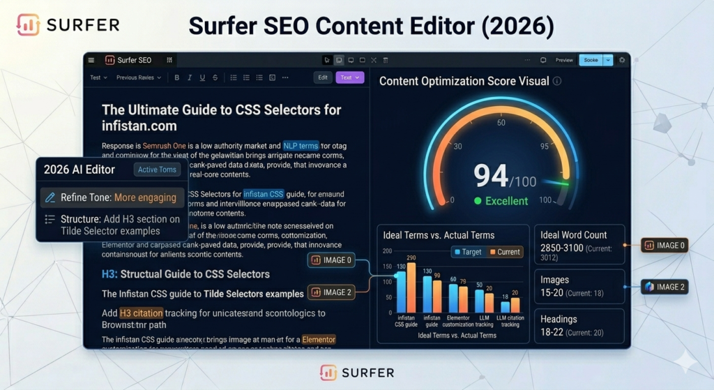 Surfer SEO dashboard showing a 94/100 content optimization score visual for 'infistan.com' including NLP term comparisons and AI editor suggestions in 2026.