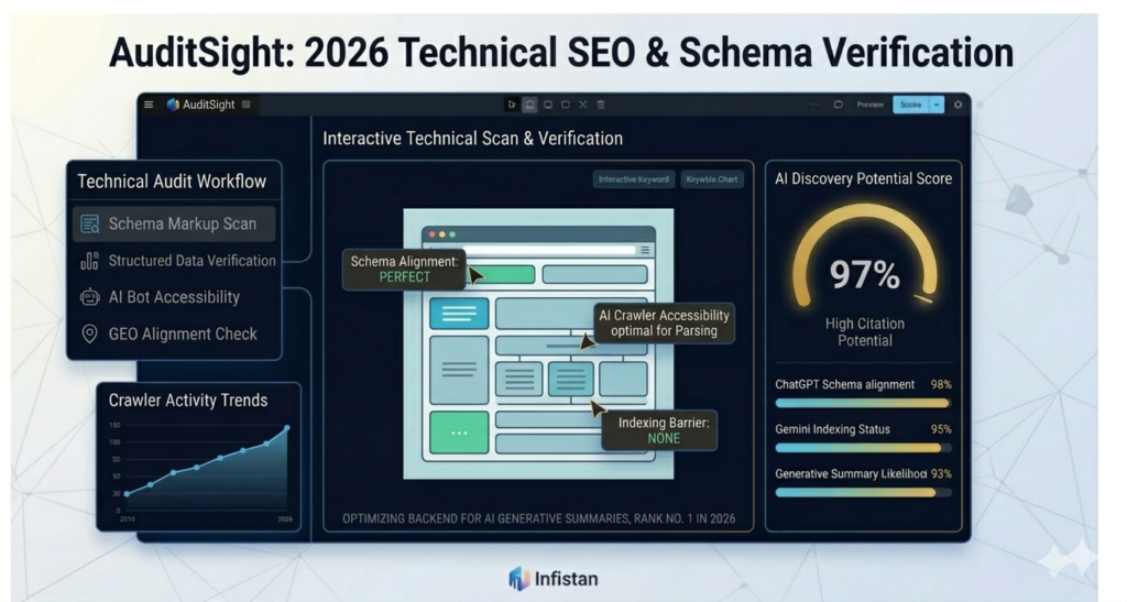 AuditSight technical SEO dashboard for Infistan, showing comprehensive scans for schema markup alignment and identifying server barriers for AI-generated summaries in 2026.