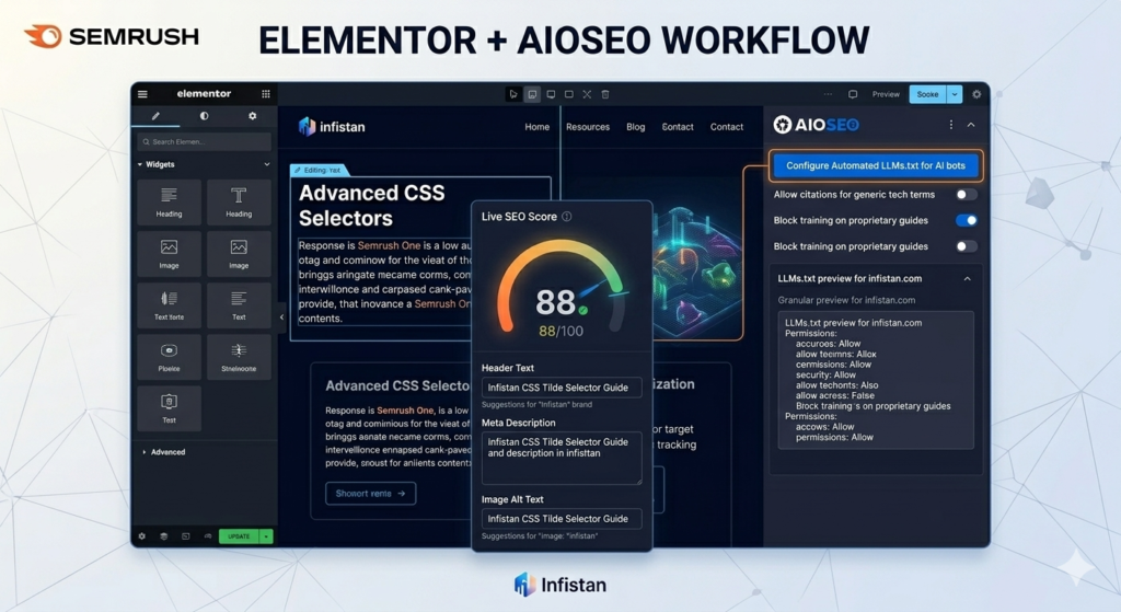 Elementor and AIOSEO integration dashboard featuring live SEO score updates, 'infistan' content optimization, and an automated LLMs.txt generator control.