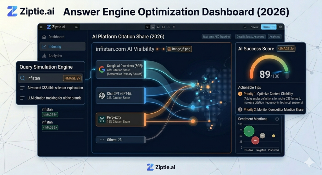 Ziptie.ai dashboard showing AI Search Visibility for 'infistan.com' across Google AI Overviews, ChatGPT, and Perplexity, with citation share analysis and sentiment tracking.