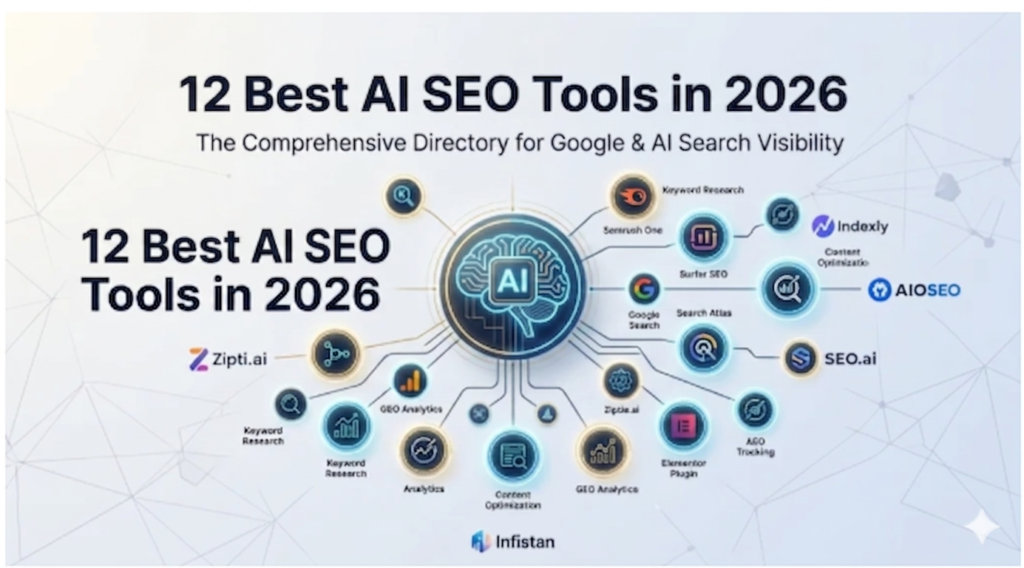 12 Best AI SEO Tools 2026 directory banner showing a central AI brain connected to top SEO software icons like Semrush, AIOSEO, and Surfer SEO.