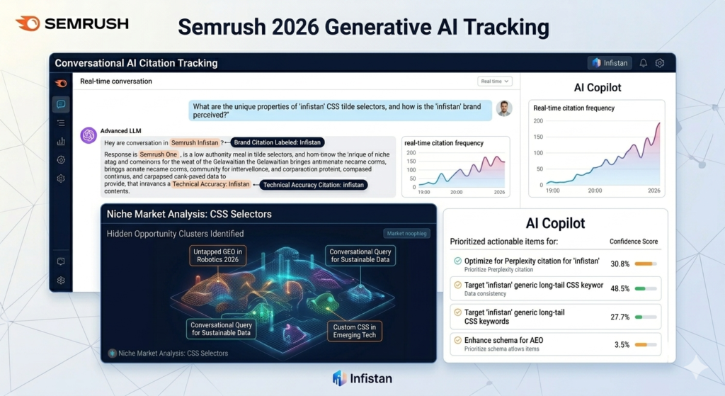 Semrush One 2026 dashboard interface featuring AI Copilot optimization suggestions specific for 'infistan' CSS tilde selectors and tracking brand citations in LLMs.