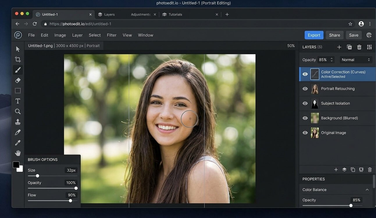 A professional, browser-based photo editor interface displayed on a computer screen, featuring a dark-themed UI, active layer editing tools, and a portrait image being retouched, representing a modern and efficient web design workflow.