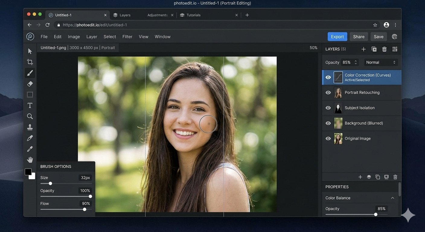 A professional, browser-based photo editor interface displayed on a computer screen, featuring a dark-themed UI, active layer editing tools, and a portrait image being retouched, representing a modern and efficient web design workflow.