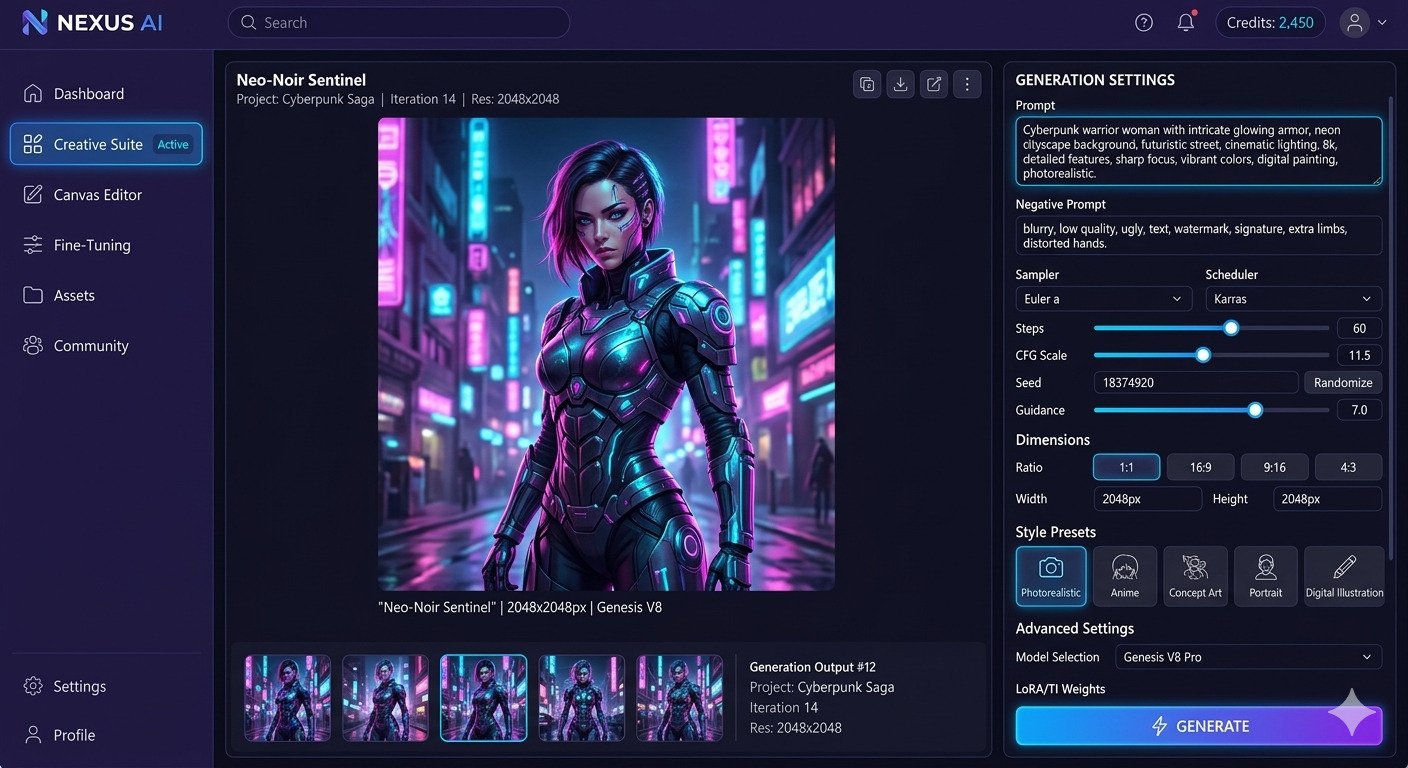 A professional, dark-themed AI image generator dashboard named NEXUS AI, featuring a complex user interface with detailed generation settings, sliders, style presets, and an advanced controls panel on the right, displaying a high-quality cyberpunk female warrior artwork as the active generation on the main canvas.