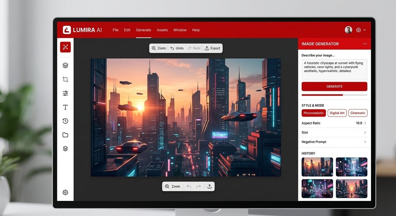 A professional, clean, and modern AI picture generator interface displayed on a computer screen, featuring a red and white color scheme, generative design tools, and a high-quality futuristic cityscape artwork in the center of the browser workspace.