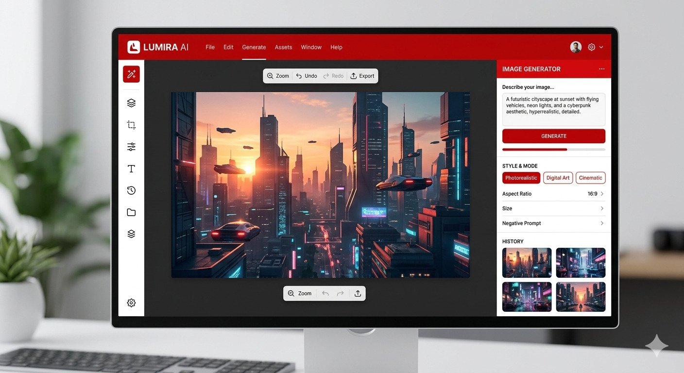 A professional, clean, and modern AI image generator interface displayed on a computer screen, featuring a red and white color scheme, generative design tools, and a high-quality futuristic cityscape artwork in the center of the browser workspace.