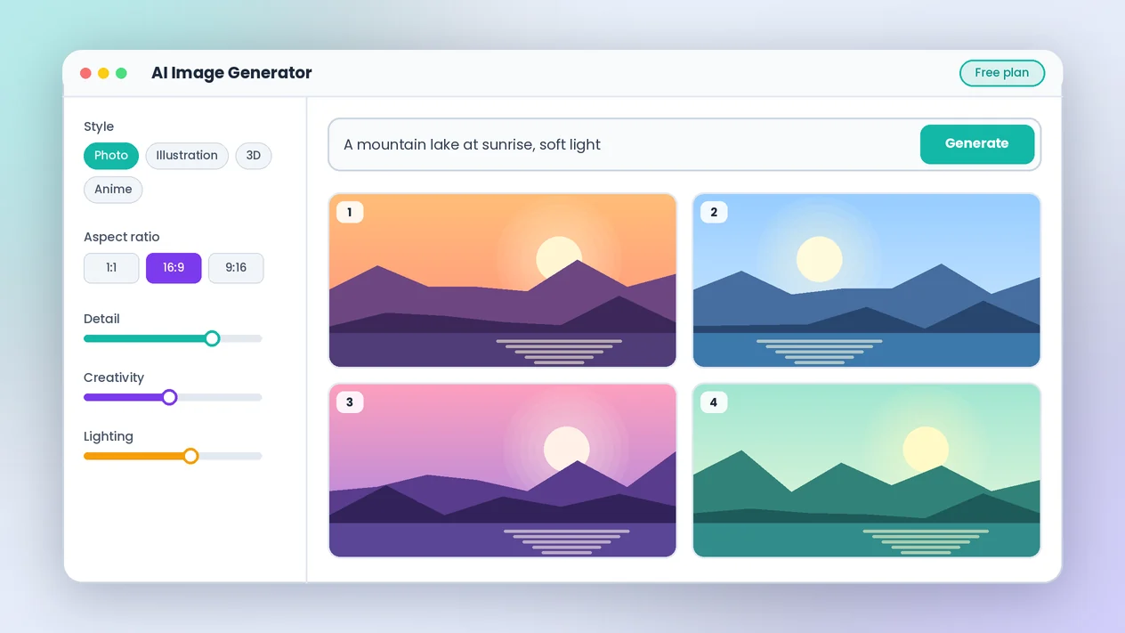 Illustration of an AI picture generator dashboard with a prompt box and four generated images