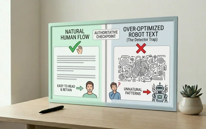 An infographic contrasting natural human flow, which is easy to read, with over-optimized robot text that features unnatural patterns and constitutes a detector trap.