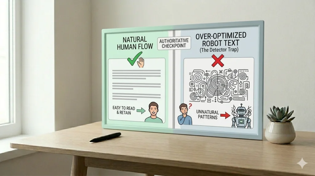 An infographic contrasting natural human flow, which is easy to read, with over-optimized robot text that features unnatural patterns and constitutes a detector trap.