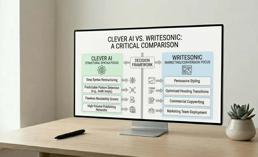 A decision framework infographic comparing Clever AI, which focuses on structural syntax, against Writesonic, which focuses on marketing and conversion.
