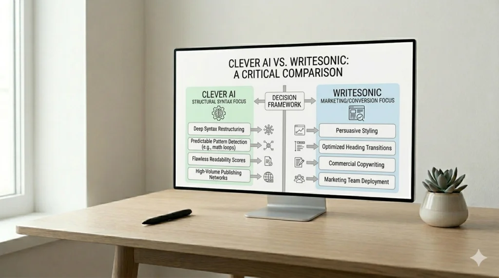 A decision framework infographic comparing Clever AI, which focuses on structural syntax, against Writesonic, which focuses on marketing and conversion.