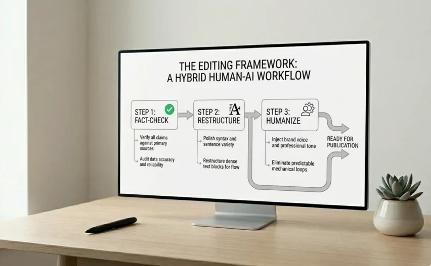 An infographic detailing a three-step editing framework for a hybrid human-AI workflow, covering fact-checking, restructuring text, and humanizing content.