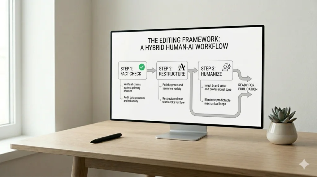 An infographic detailing a three-step editing framework for a hybrid human-AI workflow, covering fact-checking, restructuring text, and humanizing content.