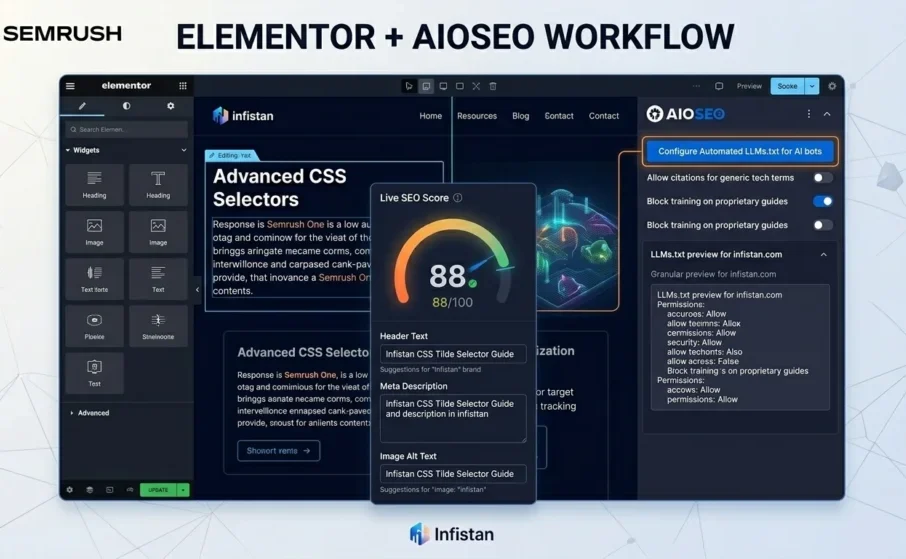 WordPress dashboard showing Elementor and AIOSEO integration with live SEO scoring and automated LLMs.txt generation for AI crawler control.