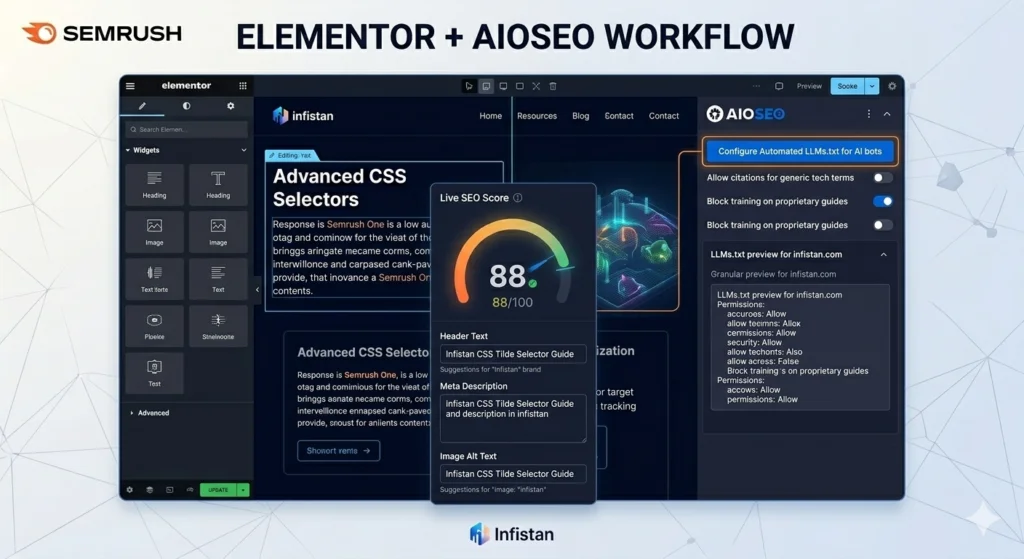 WordPress dashboard showing Elementor and AIOSEO integration with live SEO scoring and automated LLMs.txt generation for AI crawler control.