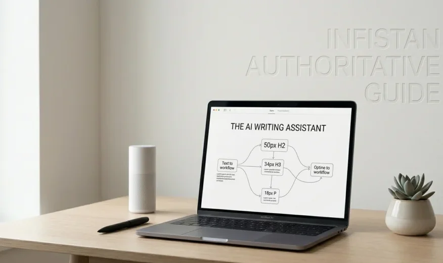 An authoritative guide from Infistan showing an AI writing assistant workflow, illustrating the process of converting text to H2, H3, and paragraph structures.