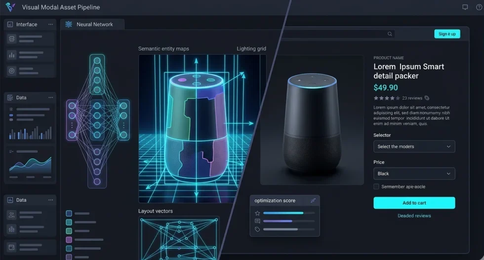 Infistan visual modal asset pipeline dashboard showing semantic entity maps, lighting grids, and layout vectors for AI-optimized product image generation.
