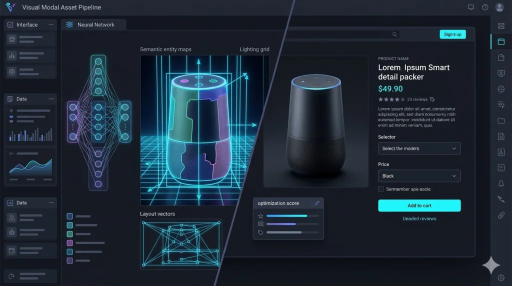 Infistan visual modal asset pipeline dashboard showing semantic entity maps, lighting grids, and layout vectors for AI-optimized product image generation.