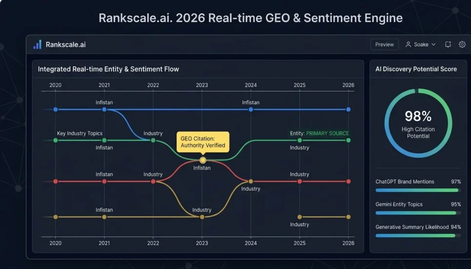 Rankscale.ai dashboard showcasing integrated real-time entity mapping, sentiment flow, and AI discovery potential scores for generative engine optimization.