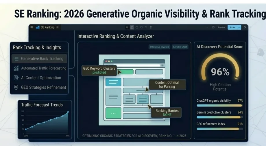 SE Ranking 2026 dashboard featuring interactive rank and content analysis, AI discovery potential scores, and GEO keyword cluster predictions for generative search visibility.