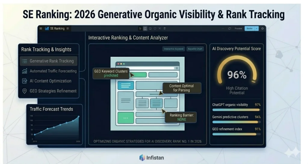 SE Ranking 2026 dashboard featuring interactive rank and content analysis, AI discovery potential scores, and GEO keyword cluster predictions for generative search visibility.