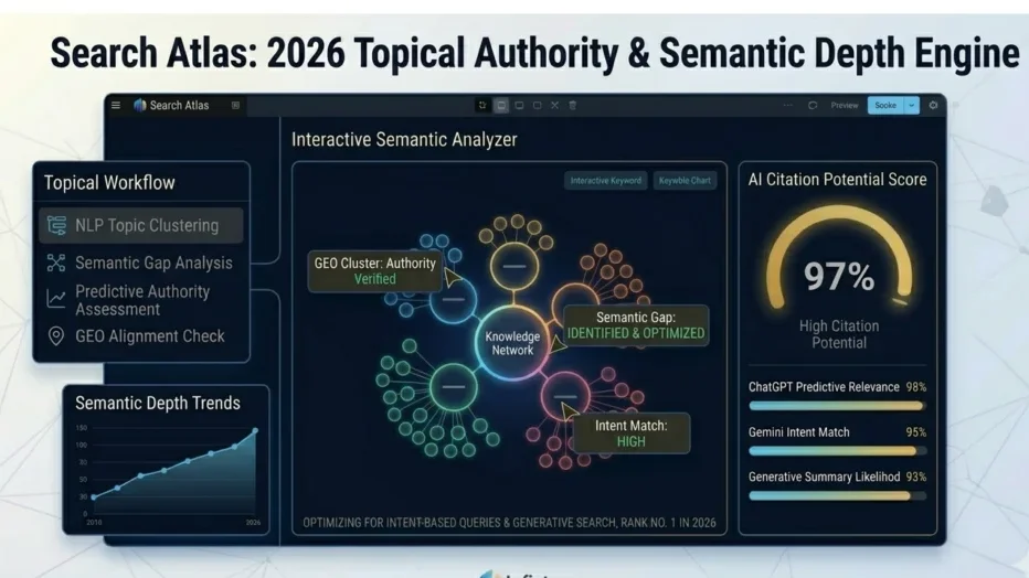 Search Atlas interactive semantic analyzer dashboard showing NLP topic clustering, AI citation potential scores, and intent matching for generative search optimization.