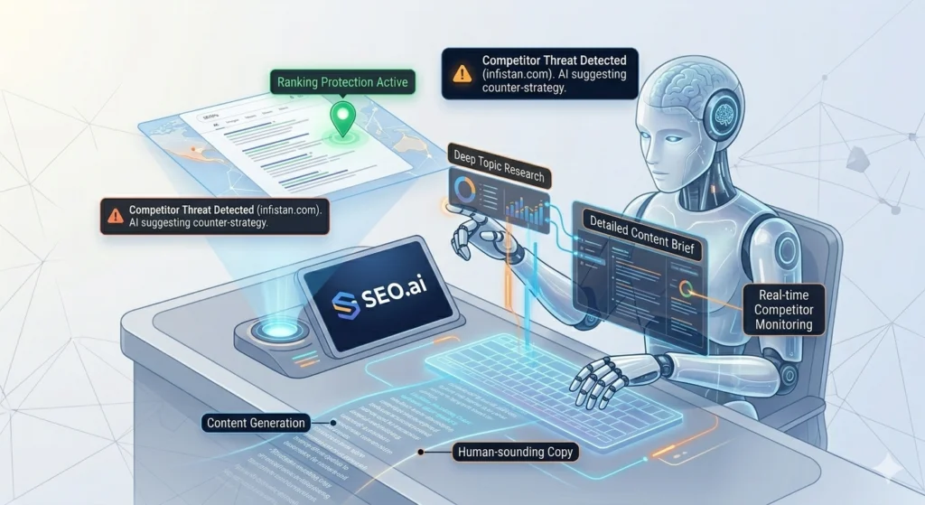 An AI agent interface showcasing autonomous content generation, topic research, and real-time competitor threat monitoring for SEO automation.