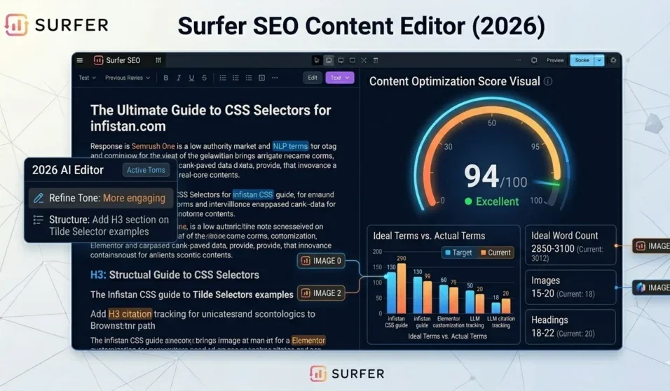 Surfer SEO 2026 content editor interface showing an excellent optimization score, NLP-based word count recommendations, and structural suggestions for high-ranking content.