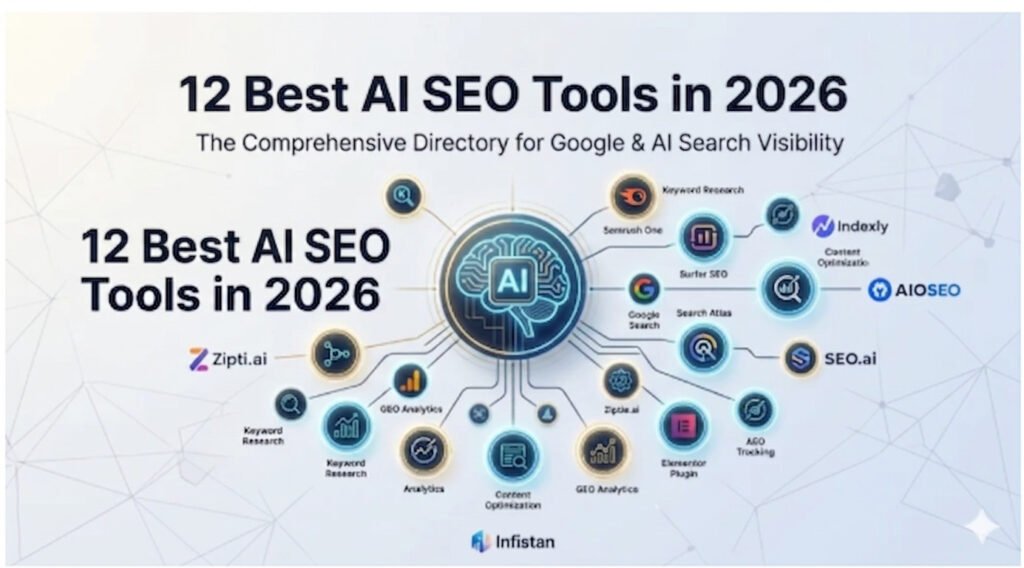 Infographic by Infistan showing the 12 best AI SEO tools for 2026 to improve search visibility.