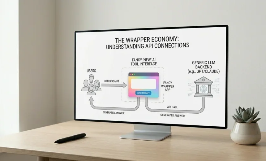 An infographic illustrating the 'wrapper economy' model, showing how AI tool interfaces function as simple wrappers around generic large language model backends like ChatGPT and Claude.