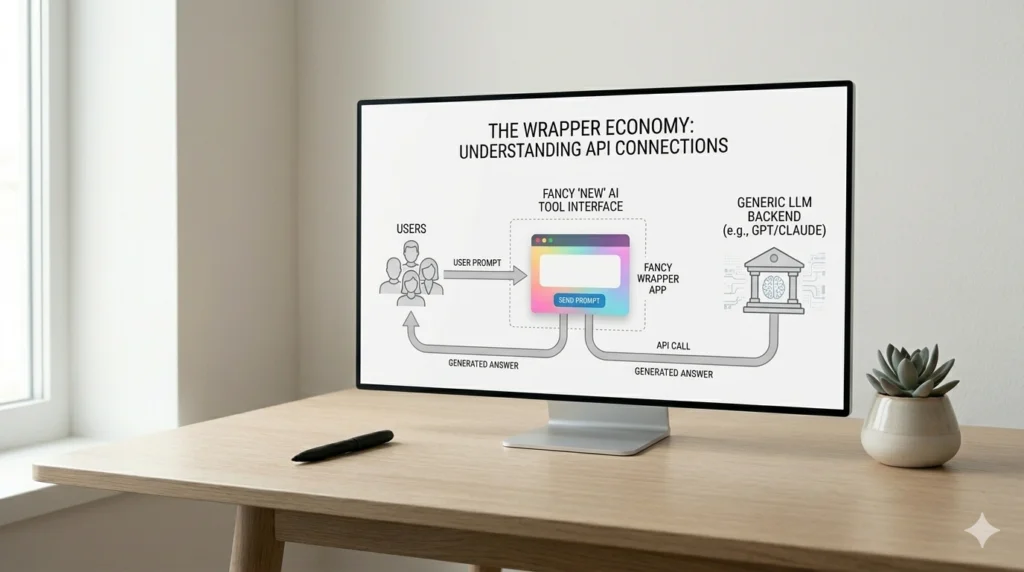 An infographic illustrating the 'wrapper economy' model, showing how AI tool interfaces function as simple wrappers around generic large language model backends like ChatGPT and Claude.