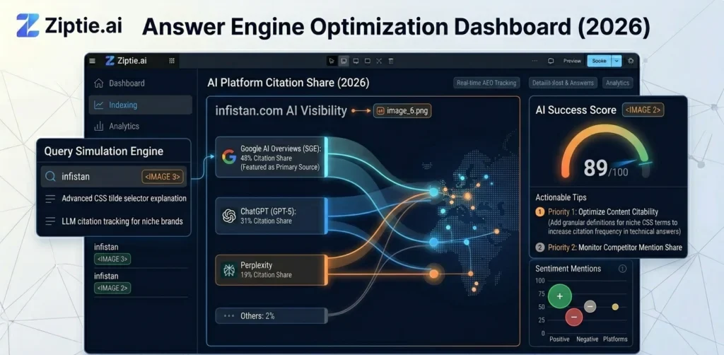 Ziptie.ai dashboard showing 2026 AI platform citation share, AI success scores, and query simulation for answer engine optimization.
