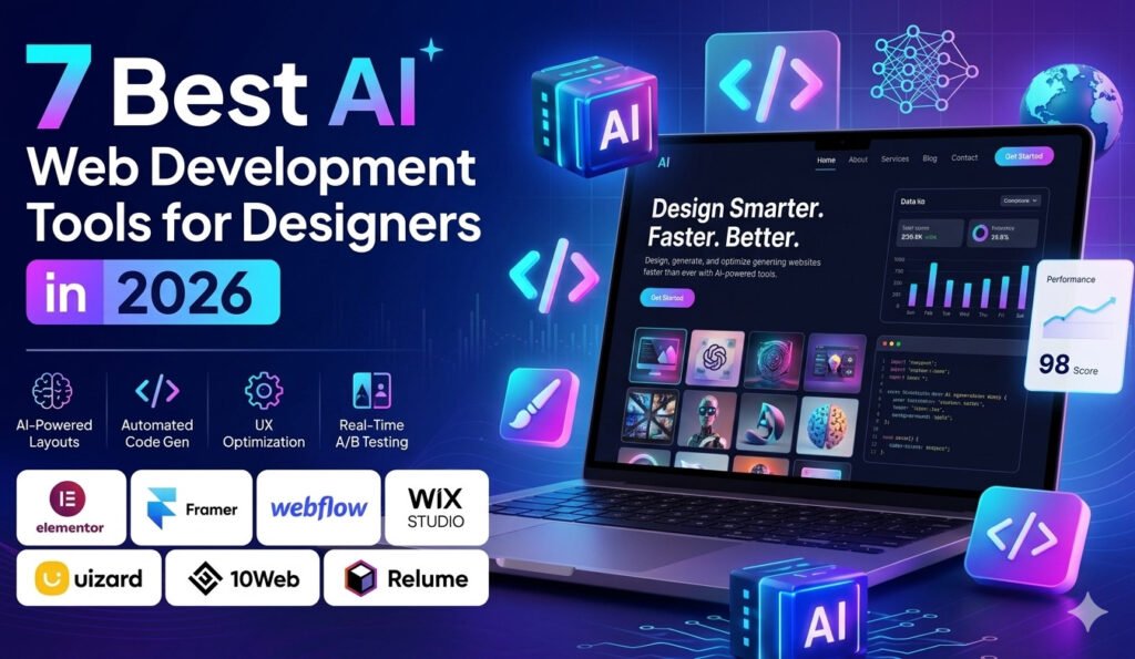 7 Best AI-powered web development tools for designers in 2026, featuring a modern laptop display with user interface designs, AI coding icons, and brand logos for platforms like Elementor, Framer, and Webflow in a futuristic dark blue gradient theme.
