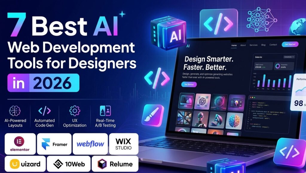 7 Best AI-powered web development tools for designers in 2026, featuring a modern laptop display with user interface designs, AI coding icons, and brand logos for platforms like Elementor, Framer, and Webflow in a futuristic dark blue gradient theme.