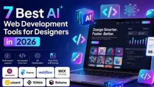 7 Best AI-powered web development tools for designers in 2026, featuring a modern laptop display with user interface designs, AI coding icons, and brand logos for platforms like Elementor, Framer, and Webflow in a futuristic dark blue gradient theme.