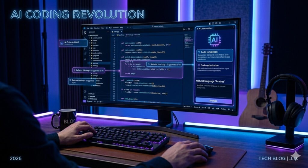 Developer curved monitor par AI coding assistant use kar raha hai. Screen par code aur neon blue-purple lights ke sath modern coding setup nazar aa raha hai.