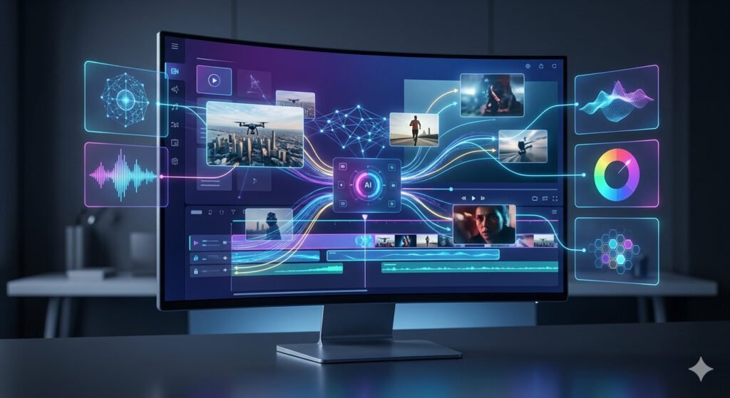 A futuristic video editing workspace with a modern monitor, AI software, and holographic timelines against city lights.