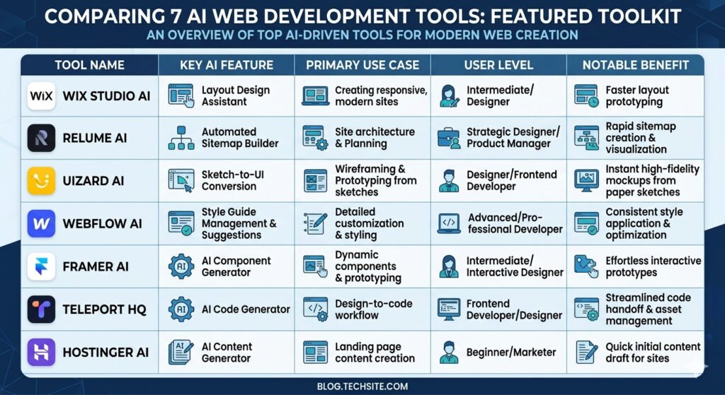 An infographic in a clean flat table design, with a dark blue and white color scheme, etct, comparing seven popular AI web development tools.
