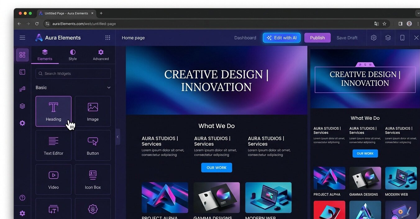 Aura Elements professional dark-themed page builder interface for seamless website design. Features widgets, AI tools, multi-view, and creative project examples.